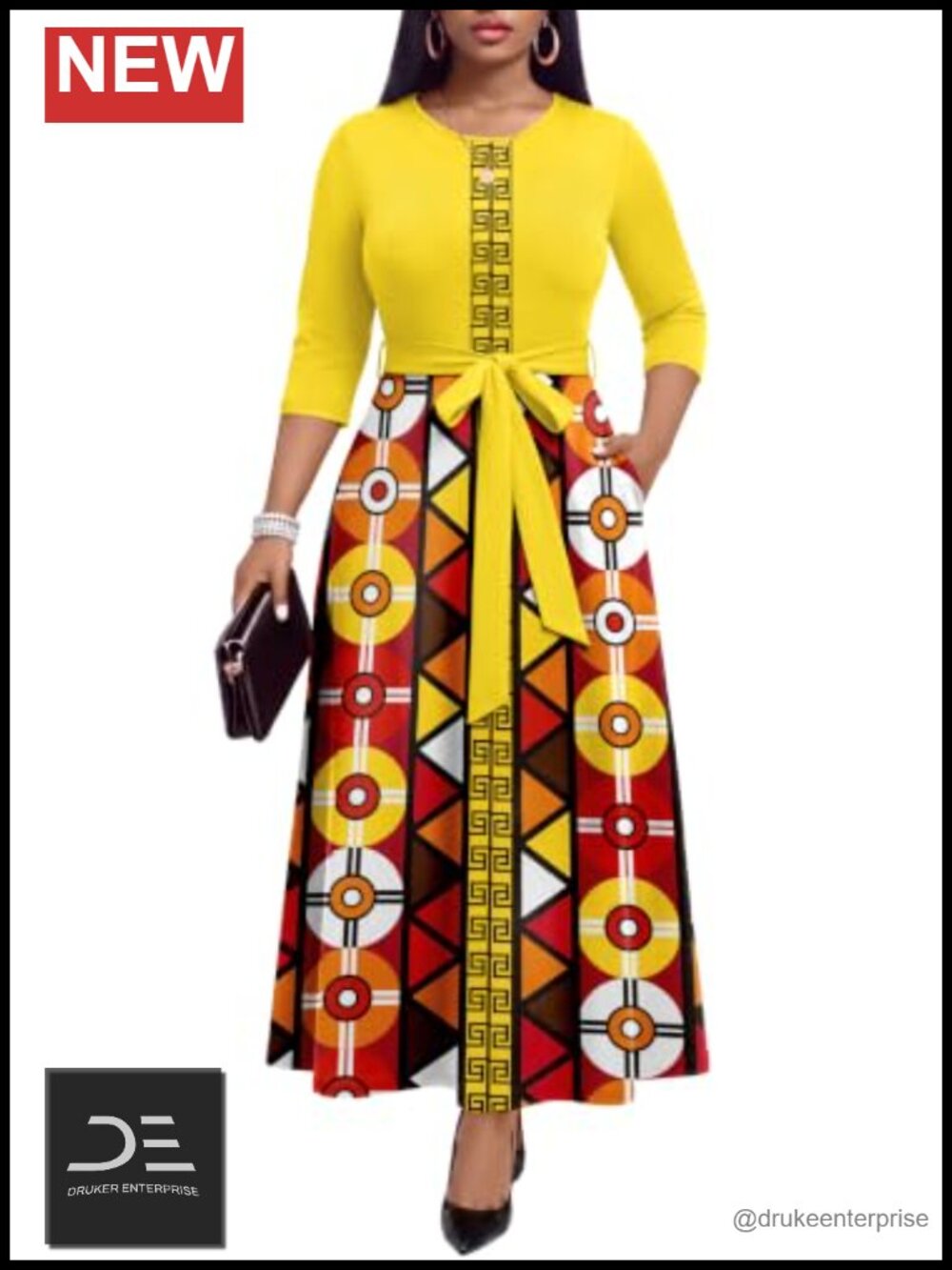 African Print Maxi Dress Empire Waist 3/4 Sleeve Pockets Belt